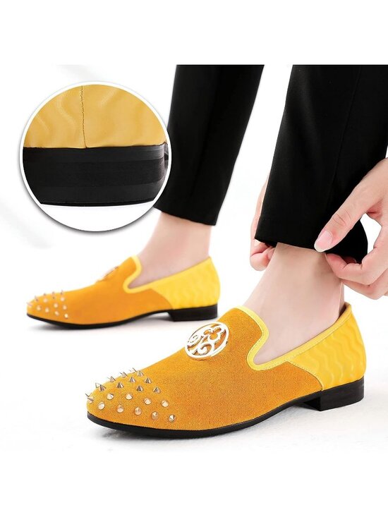 XQWFH Men\'s Yellow Velvet Leather Loafer Embroidery Spiked Slip On Fashion Shoes